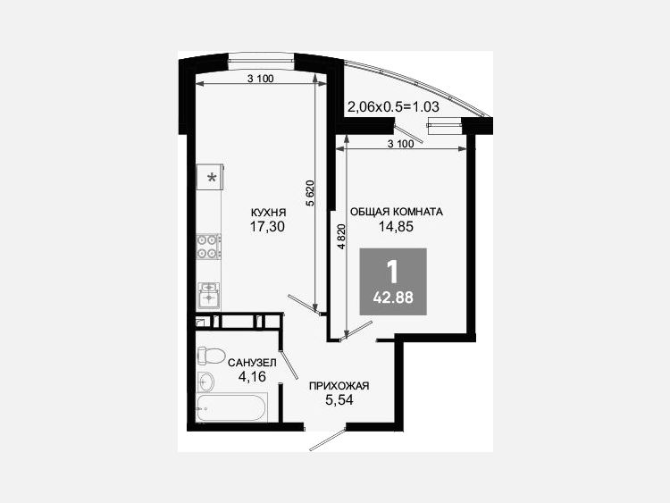 2-комнатная квартира, 41.85 м², 13/19 этаж фото 0