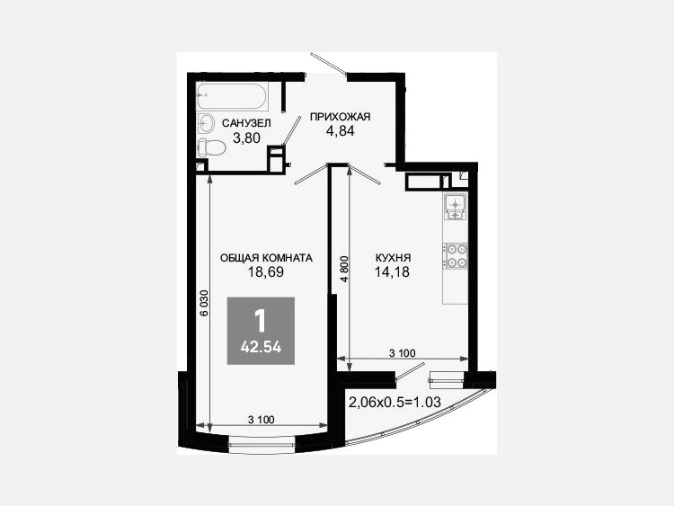 1-комнатная квартира, 41.51 м², 10/19 этаж фото 0