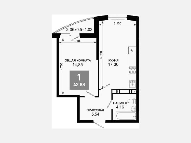 2-комнатная квартира, 41.85 м², 3/19 этаж фото 0